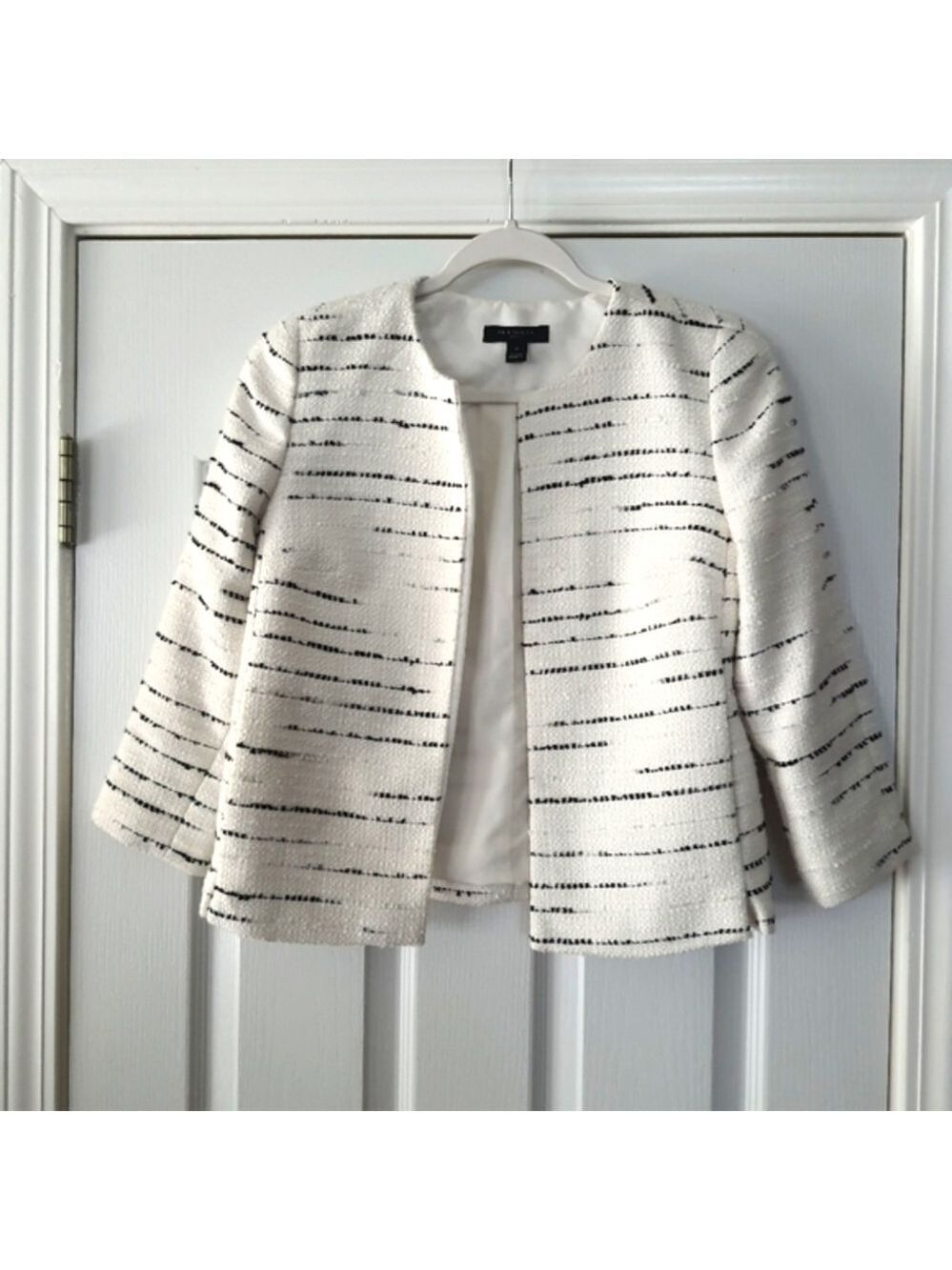 Ann Taylor Striped Tweed Cropped Blazer Jacket Womens 0P Open Front